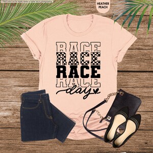 a t - shirt that says race race and a pair of shoes