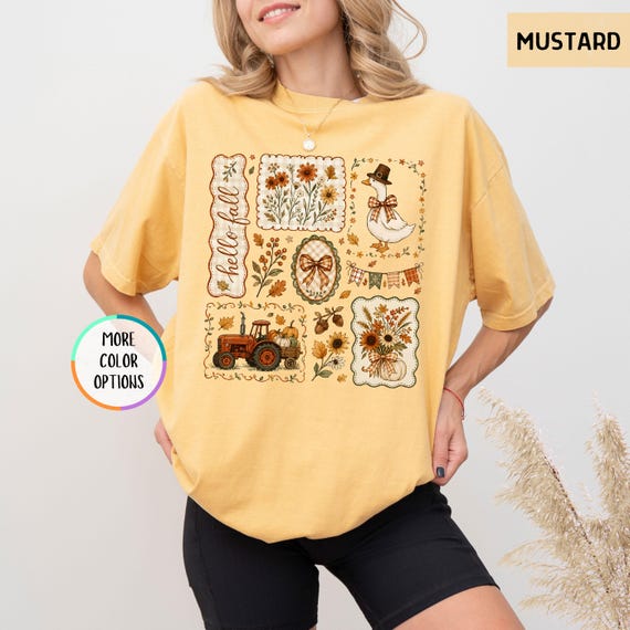 Comfort Colors® Hello Fall Shirt, Autumn Farm Tshirt, Goose Pumpkin Tractor Shirt, Coquette Fall Tee, Cozy Harvest Season Gift, Floral Fall