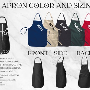 aprons with the names of different colors and sizes