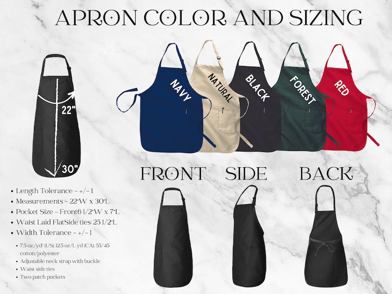 aprons with the names of different colors and sizes