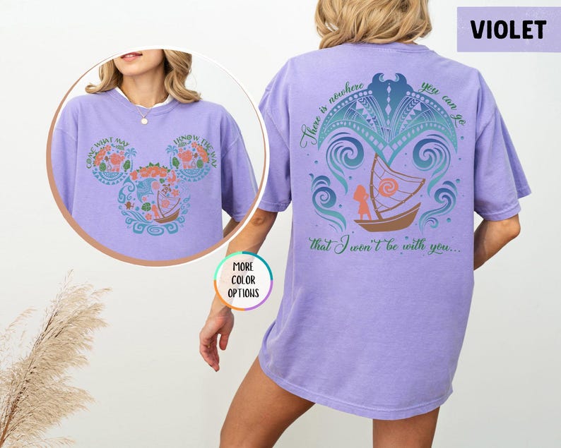 May include: A purple t-shirt with a graphic of a boat and waves on the back. The text "There is nowhere you can go that I won't be with you..." is printed on the back of the shirt.