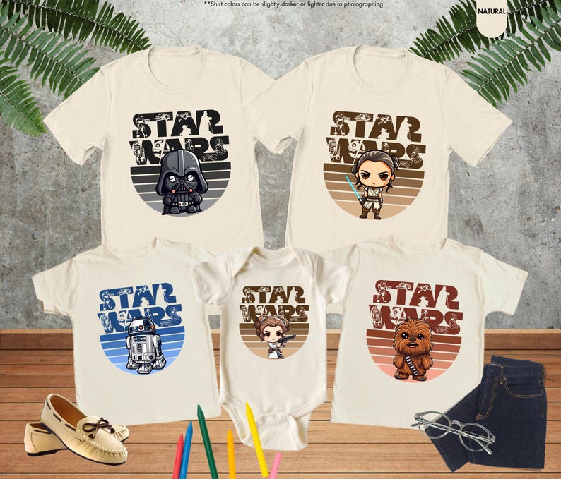 May include: Set of four beige t-shirts with a retro-style Star Wars graphic on each. The graphics feature Darth Vader, Rey, R2-D2, and Chewbacca.