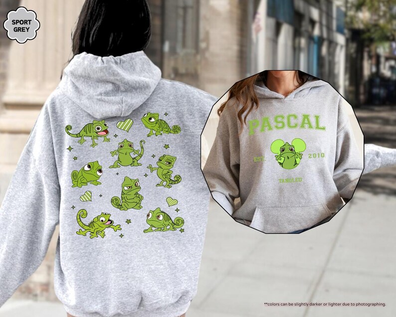Op de afbeelding: Sportgrijze hoodie met een groen cartoonkameleonontwerp op de rug en een borstafbeelding. Het rugontwerp bevat meerdere kameleons, harten en sterren. De afbeelding op de voorkant zegt "PASCAL" boven een kameleonafbeelding en "TANGLED".