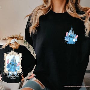 May include: Black sweatshirt featuring a small Stitch graphic on the front and a larger design on the back. The back design includes Stitch, a castle, and the text "The Happiest Place On Earth". The sweatshirt is a comfortable, casual style.