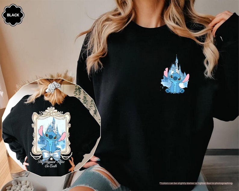 May include: Black sweatshirt featuring a small Stitch graphic on the front and a larger design on the back. The back design includes Stitch, a castle, and the text "The Happiest Place On Earth". The sweatshirt is a comfortable, casual style.
