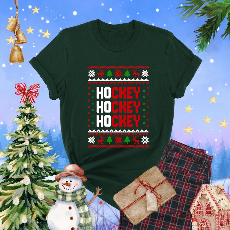 May include: Green Christmas sweater with a white, red, and green pattern. The sweater has the words "HOCKEY" repeated three times.