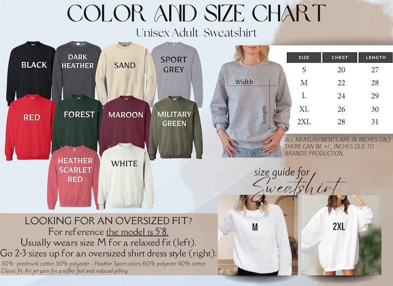 a women's sweatshirt with the text, color and size chart