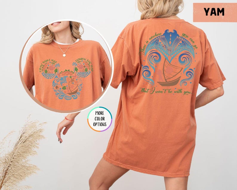 May include: Orange t-shirt with a Mickey Mouse silhouette design featuring a sailboat and the text "There is nowhere you can go that I won't be with you".