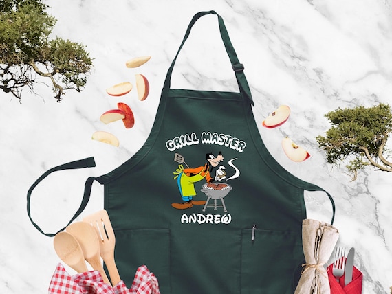 Custom Name Grill Master Apron, Personalized BBQ Disney Apron, Goofy Cooking Gift for Dad, Funny Father’s Day Kitchen Apron, Grilling Apron
