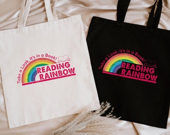 Reading Rainbow Tote Bag, Take A Look It&#39;s In A Book, Rainbow Book Tote Bag, Book Tote Bag, Book Lover Gift, Bookish Bag,Reading Tote Bag