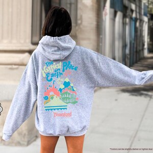 Pu&ograve; includere: Una felpa con cappuccio grigia con il testo "The Happiest Place on Earth" e una grafica del castello di Disneyland. Il testo "Disneyland" &egrave; sotto la grafica.