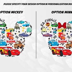 May include: Two images showing a Mickey Mouse and Minnie Mouse silhouette made up of various Cars characters. The text "KA-CHOW!" is at the top of each image. The Mickey Mouse image has a red, yellow, and blue car in the centre. The Minnie Mouse image has a red bow on top of her head and a red, yellow, and blue car in the centre.