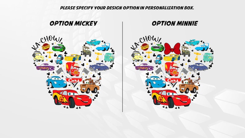 May include: Two images showing a Mickey Mouse and Minnie Mouse silhouette made up of various Cars characters. The text "KA-CHOW!" is at the top of each image. The Mickey Mouse image has a red, yellow, and blue car in the centre. The Minnie Mouse image has a red bow on top of her head and a red, yellow, and blue car in the centre.