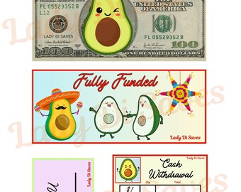 May include: A printable cash envelope system with a cartoon avocado design. The envelope system includes a "Fully Funded" envelope and a "Cash Withdrawal" envelope. The envelopes are decorated with a cartoon avocado, a sombrero, and a pinata.