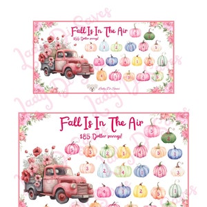 May include: A pink and white printable game card with a watercolor illustration of a red truck with flowers and pumpkins. The text on the card reads "Fall Is In The Air $85 Dollar savings!" and "Fall Is In The Air $55 Dollar savings!"