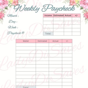 Floral Shabby Chic Weekly Paycheck Breakdown, Budget Sheet, Cash Envelope Budgeting Planner, Sinking Funds Savings Challenges, Printable
