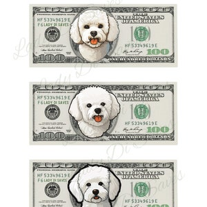 May include: Three images of a white dog with a pink tongue sticking out, superimposed on a $100 US bill. The bill has the text "Federal Reserve Note" and "United States of America" printed on it. The dog's head is centered on the bill, and the bill's serial number is visible.
