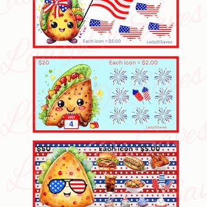 May include: Three digital printable images featuring a cartoon taco with a patriotic theme. The first image features a taco holding an American flag and surrounded by outlines of the United States. The second image features a taco holding a sign that says "July 4" and is surrounded by fireworks. The third image features a taco wearing sunglasses and is surrounded by American flag themed food items.