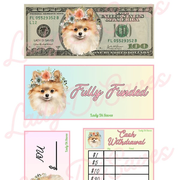 Pomeranian Dog Cash Envelope Savings Challenge Bundle, Fully Funded Dashboard, 100 Dollar Prop Money Placeholder bill, IUO, Bank Teller slip