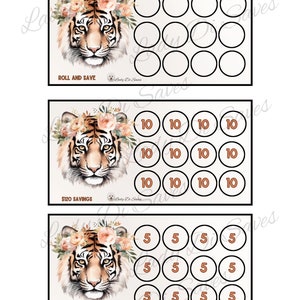 Three A6 Floral Tiger mini savings challenges! Plus a cash envelope! Go on a fall safari vacation with this wild animal savings challenge!
