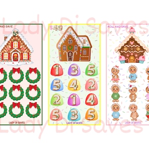 Può includere: Tre carte da gioco di Natale stampabili con case di pan di zenzero, ghirlande e personaggi di pan di zenzero. Le carte riportano il testo "Roll and Save" e "Lady Di Saves".
