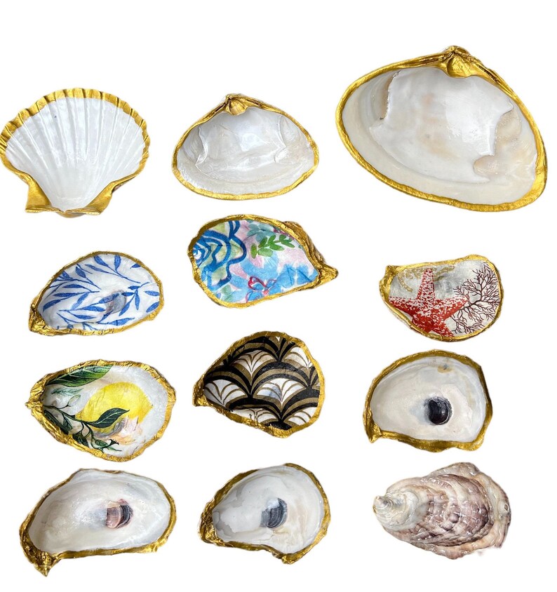 May include: Twelve seashells with gold trim, some are plain white, others are decorated with various patterns, including floral, geometric, and nautical designs.