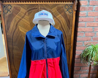 Vintage Red & Blue Color Block Windbreaker, 90s Retro Lightweight Jacket, Zip-Up Streetwear