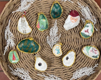 Decoupage Oyster Shell Christmas Ornament: Handcrafted Gold Trim