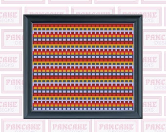 May include: A framed artwork featuring a geometric pattern of red, yellow, blue, and gray squares arranged in horizontal stripes.