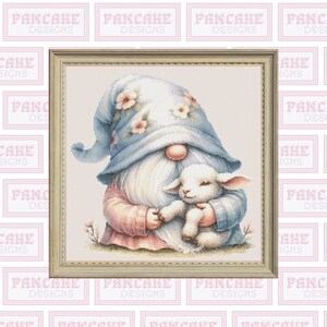 Cute Easter Gnome with a Lamb, Cross Stitch PDF Pattern, Easter Gonk, Blue and Pink Spring Cross Stitch, Lamb Cross Stitch