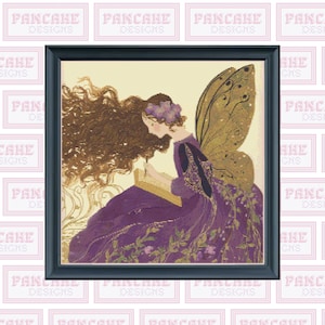 Golden Winged Purple Fairy,  PDF Cross Stitch Pattern, Spring Decor, Fairy Cross Stitch, Vintage illistration, Purple Fairy book