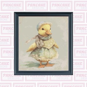 May include: A yellow duckling wearing a blue and white hat, a light blue dress, and a light brown scarf. The duckling is standing on a light gray background.