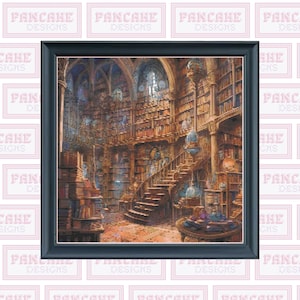 May include: A framed painting of a large, ornate library with a grand staircase leading up to a balcony. The library is filled with bookshelves and windows, and there are several globes and other decorative objects scattered throughout the room.