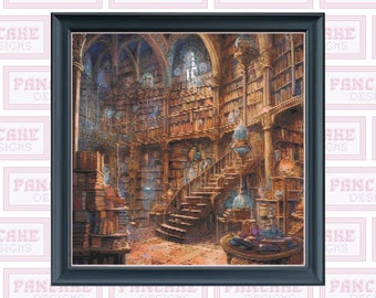 Bibliothek des Zauberers Vaseloss, PDF-Kreuzstichmuster, Zaubertrank, vollständige Abdeckung, großes Projekt, magischer Kreuzstich mit Zählmuster, himmlisch