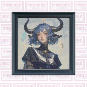 Peut inclure: Une peinture numérique d'une personne aux cheveux bleus et aux cornes, portant une tenue bleu foncé et noire avec un motif d'étoiles. L'arrière-plan est bleu clair avec des étoiles dorées.