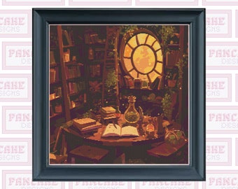 Hexe Alora's Bibliothek, PDF Kreuzstich Muster, Zaubertrank, Volle Abdeckung, Großes Projekt, Magische Kreuzstich Zählung, Himmlische Wand Kunst