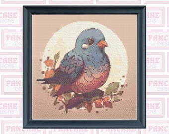 Lindo patrón de punto de cruz de paloma, Descargar PDF, Apto para principiantes, Lindo bordado de animales, Punto Kawaii X, Pájaro gordito
