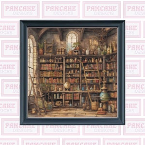 Könnte beinhalten: Ein gerahmtes Kreuzstich-Kunstwerk, das eine antike Apotheke mit Regalen voller Bücher, Gläser und Flaschen zeigt. Der Laden hat eine Holzleiter, einen Globus und eine große, verzierte Glaslampe.