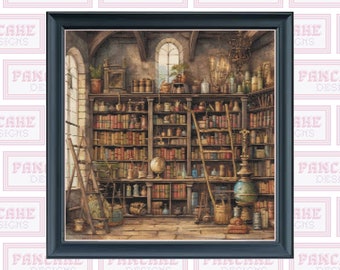 Der Zauberer Cornelius's Bibliothek, PDF Kreuzstichmuster, Zaubertrank, Volle Abdeckung, Großes Projekt, Magical Cross Stitch, Celestial