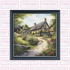 May include: A painting of a quaint cottage with a thatched roof, surrounded by lush greenery and a winding path. The cottage has a stone facade and windows with wooden shutters. The scene is bathed in warm sunlight, creating a peaceful and idyllic atmosphere.