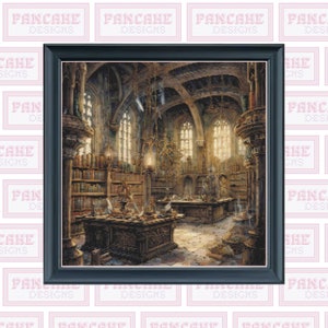 May include: A framed painting of a large, ornate library with high ceilings, arched windows, and bookshelves filled with books. The room is lit by a single, large window and a chandelier. There are several people sitting at tables in the room, reading or working.