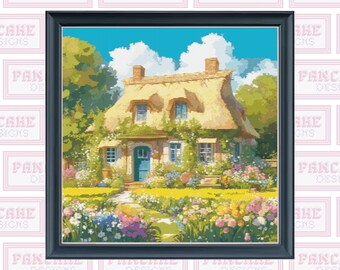 Puede incluir: Una pintura de una pintoresca cabaña con techo de paja, rodeada de un exuberante jardín con flores de colores. La cabaña tiene una puerta y ventanas azules, y el jardín está lleno de flores vibrantes en tonos de rosa, amarillo y morado.