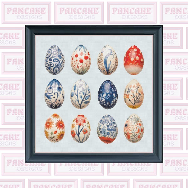 Painted Eggs - Red and Blue, PDF Cross Stitch Pattern, Spring Time Decor, Easter Cross Stitch, Porcelain Egg, Painted Easter Egg