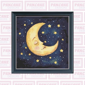 May include: A crescent moon with a sleeping face is surrounded by yellow stars on a dark blue background. The moon is yellow with a pink blush on its cheeks.