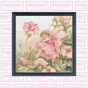 Pink Flower Fairy,  PDF Cross Stitch Pattern, Spring Decor, Fairy Cross Stitch, Vintage illistration, Pink Fairy book, Little Girls Room Art