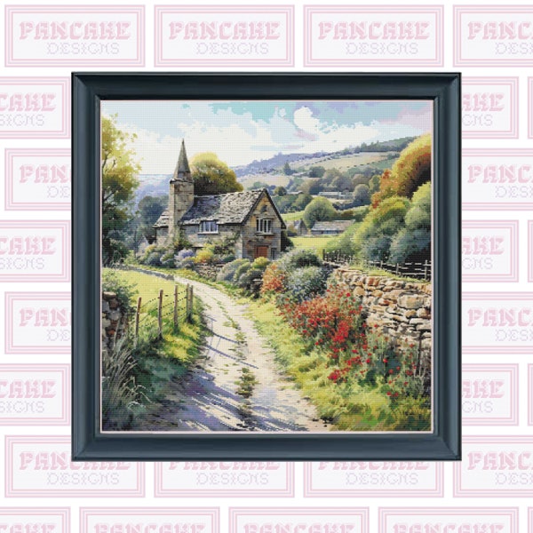 English Village Cottage in Summer, PDF Cross Stitch Pattern, English Countryside, Converted Church, Full Coverage, Big Project