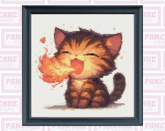 Cute Fire Breathing Kitten, PDF Download, Beginner friendly, Cute Animal Embroidery, Kawaii X Stitch, Chubby Cat, Magical Cat, Dragon Cat