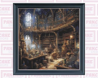 Magier Tovictor's Bibliothek, Kreuzstichmuster, PDF, Kreuzstich-Muster, Zaubertrank, Volle Abdeckung, Großes Projekt, magisches Kreuzstichmuster, Celestial