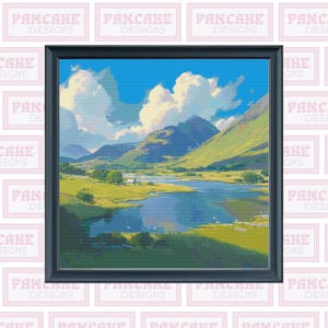 May include: A framed painting depicting a landscape with a lake, mountains, and a blue sky with white clouds. The lake is surrounded by green hills and trees.