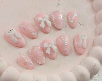 Cute Bunny Press on Nails - Coquette Nails - Pink Nails - 3D Nails - Almond Nails